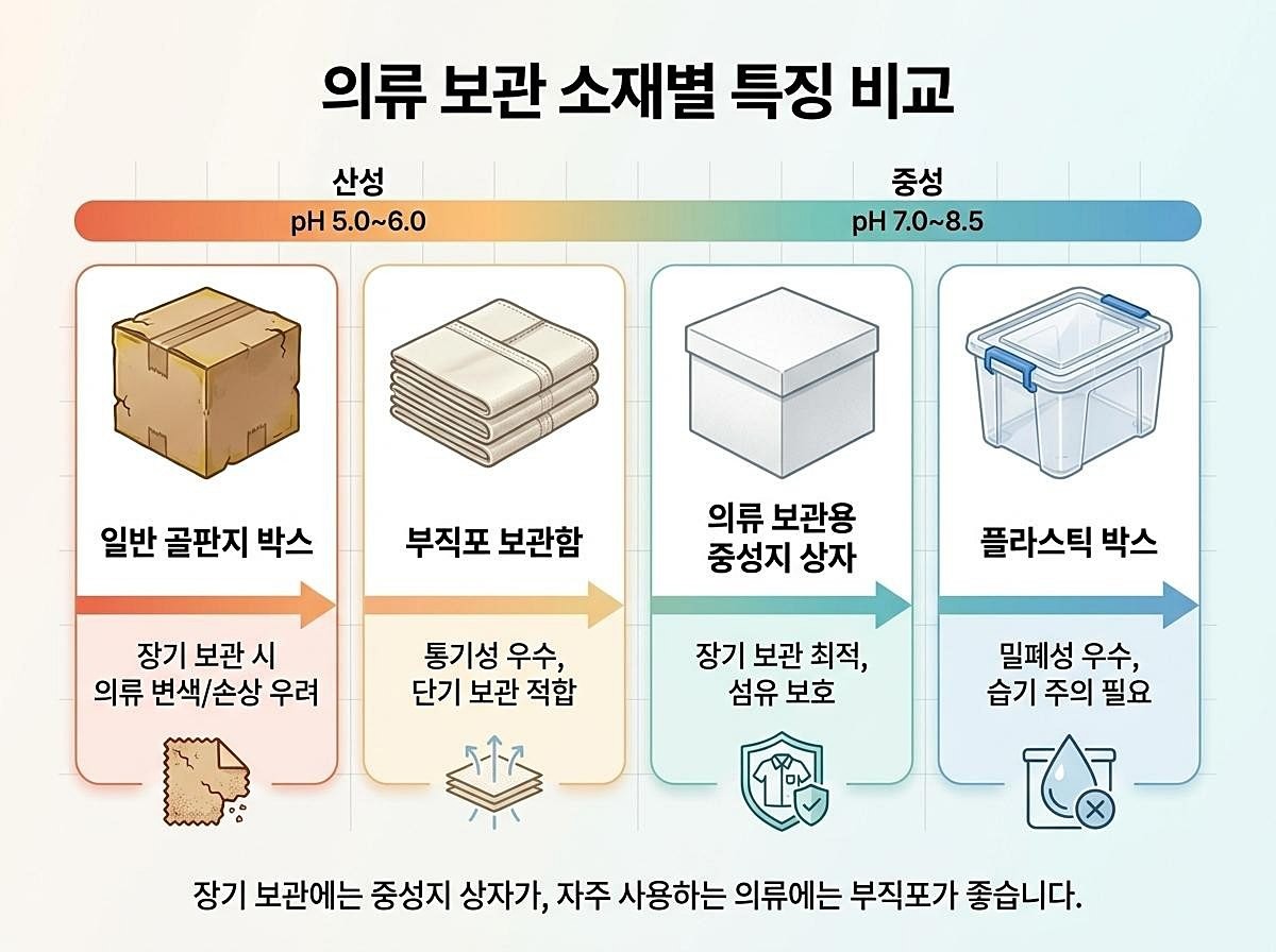 [인포그래픽] 의류 변색과 손상을 막는 보관함 소재별 특징 비교. AI 제작.