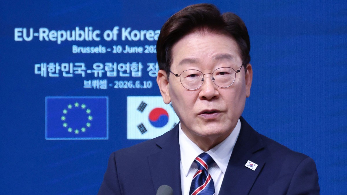 이재명 대통령이 지난 10일(현지시간) 벨기에 브뤼셀 유럽연합(EU) 이사회에서 공동언론발표를 하고 있다. / 뉴스1