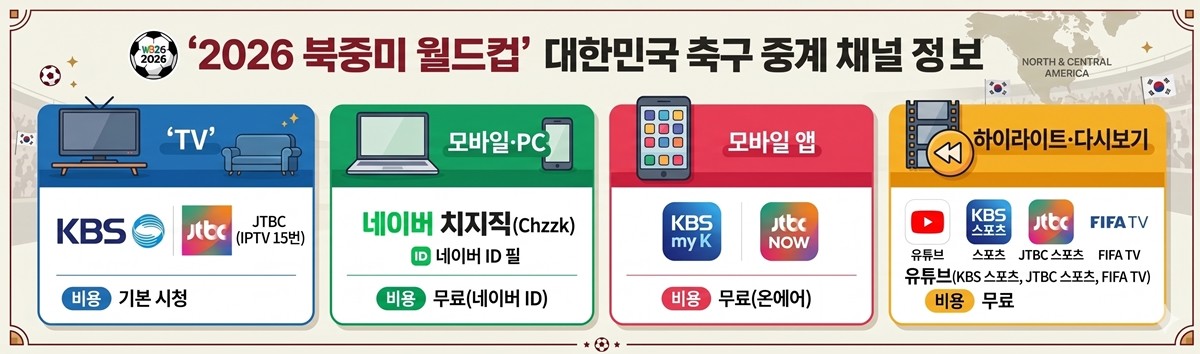 2026 북중미 월드컵 무료 중계 채널 정보 / 위키트리 (기사 내용 바탕으로 AI로 생성한 이미지)