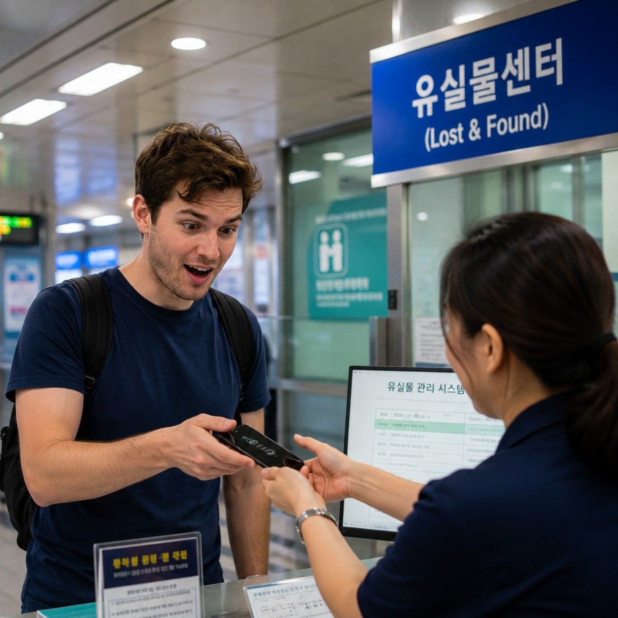 유실물센터에서 잃어버린 휴대폰을 돌려받고 놀라는 외국인. / AI가 생성한 자료사진