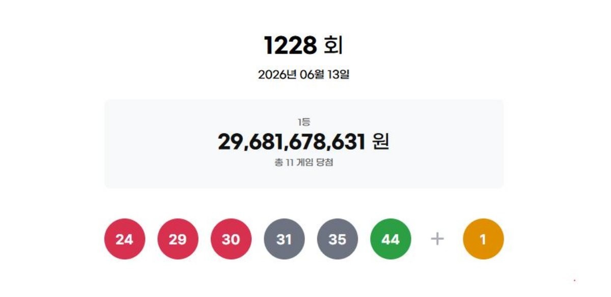 제1228회 로또 복권 추첨 결과. 제1228회 결과는 '24, 29, 30, 31, 35, 44'다. / 동행복권 제공