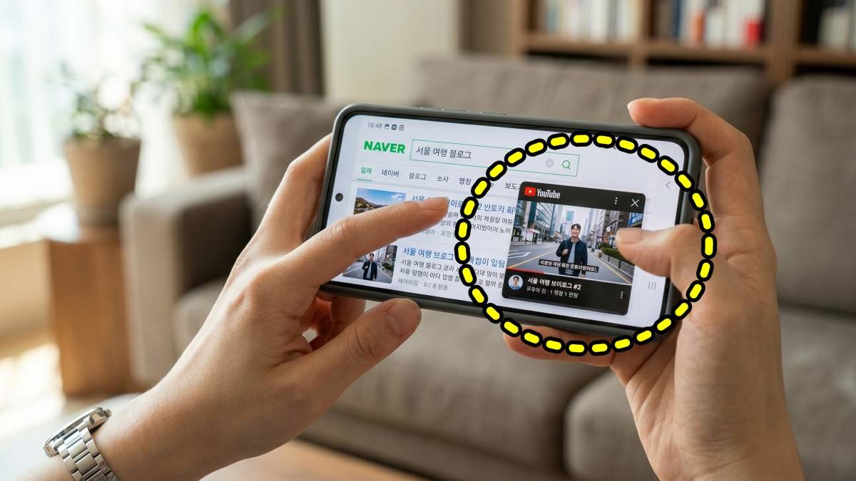 작은 화면 기능은 유튜브 앱에서 빠져나와 다른 앱을 켜더라도 영상이 작은 창으로 화면 한쪽에 떠 재생을 이어가는 방식이다. 카카오톡 답장을 하거나 웹 검색을 하는 와중에도 영상은 끊기지 않는다. 그간 무료 계정에서는 앱 화면이 맨 앞에 떠 있을 때만 재생이 유지됐고, 홈 화면으로 나가는 순간 영상이 곧바로 멈춰버렸다. 이번 개방의 핵심은 미국 밖에 있는 비구독자도 이런 멀티태스킹을 쓸 수 있게 됐다는 점이다. 기사 내용 토대로 AI툴 활용해 제작한 자료사진.