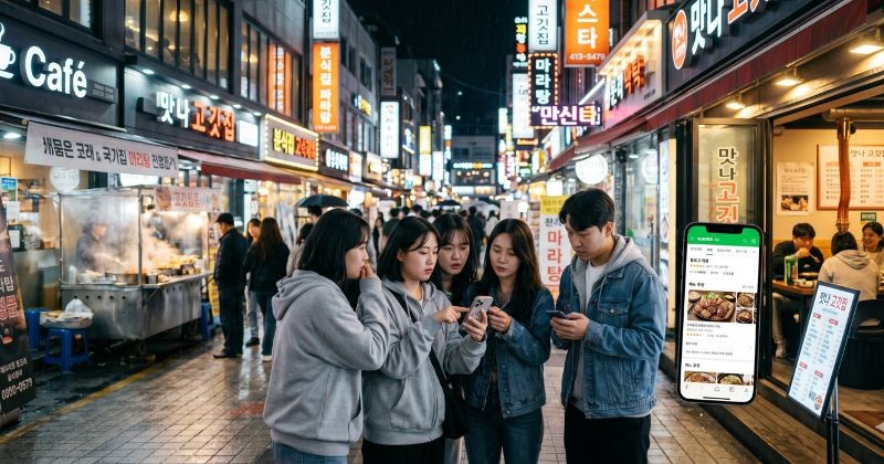 수많은 음식점 간판이 즐비한 화려한 밤거리에서, 젊은이들이 실패 없는 완벽한 선택을 하기 위해 스마트폰으로 맛집 리뷰와 사진을 신중하게 확인하고 있다 / AI가 생성한 자료사진