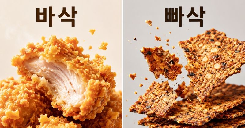 ‘바삭’과 ‘빠삭’의 미묘한 차이를 시각적으로 비교한 이미지. 왼쪽은 겉은 가볍게 바삭하고 속은 촉촉한 치킨, 오른쪽은 얇고 단단하게 부서지는 빠삭한 과자를 보여 / AI가 생성한 자료사진