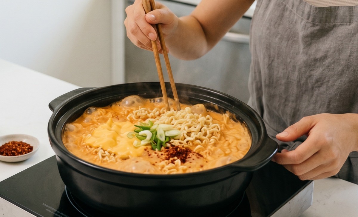 한국식 로제 라면을 만드는 모습. AI가 생성한 자료사진. (실제와 차이가 있을 수 있습니다.)