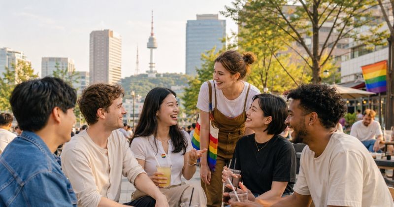 한국인과 외국인 친구들이 서울 도심 야외 공간에서 함께 웃으며 대화를 나누는 모습 / AI가 생성한 자료사진