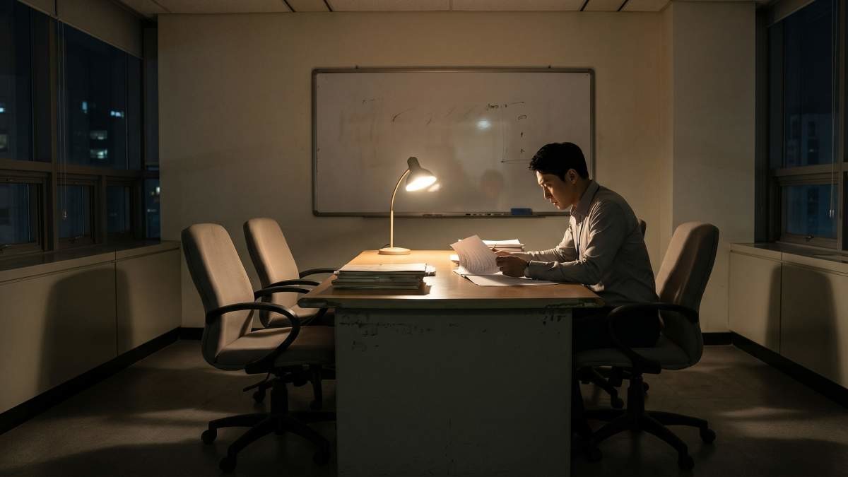 홀로 사무실에 남아 일하는 사람. 기사 내용 토대로 AI툴 활용해 제작한 자료사진.
