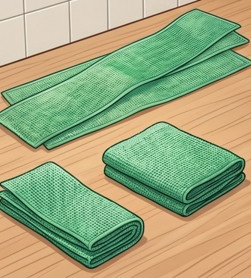 AI로 생성된 자료이미지. 샤워타월을 폐기하기 전, 먼저 깨끗하게 세척한 뒤 충분히 건조시킨다. 그다음 가위로 손바닥 크기 정도로 잘라보자. 이 조각들을 한 장씩 꺼내 쓰면 일회용 청소 패드처럼 활용할 수 있다.