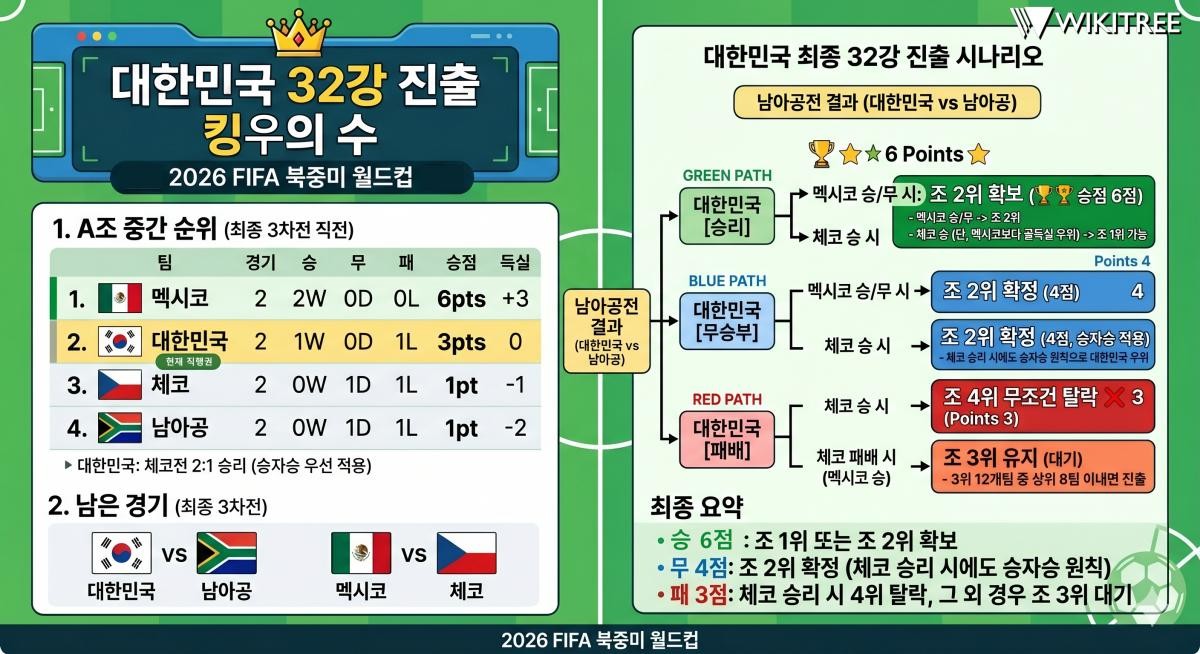 대한민국 2026 북중미 월드컵 32강 진출 '경우의 수(킹우의 수)'. 기사 내용 토대로 AI툴 활용해 제작한 자료사진.