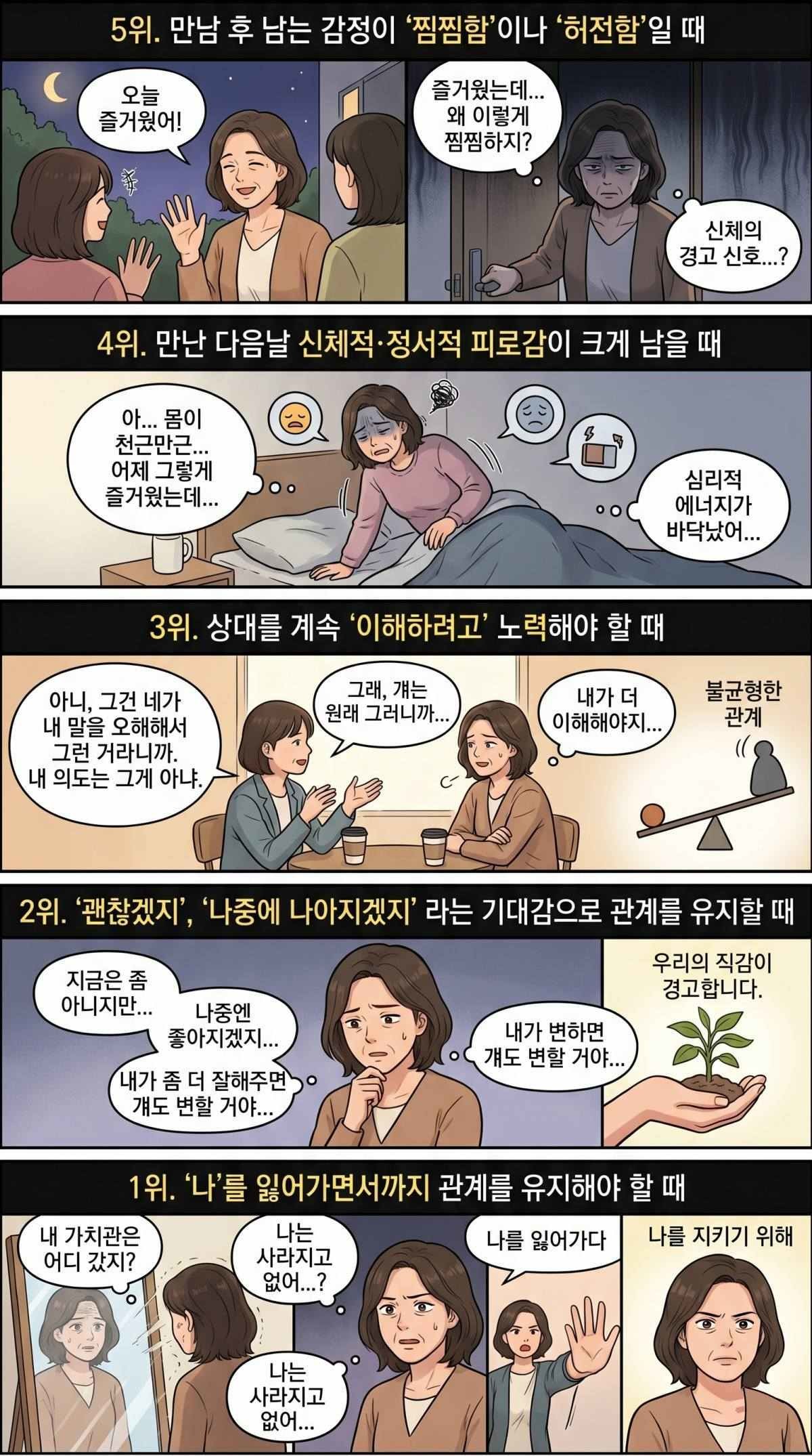 관계를 정리하기 전 '5가지 신호'. 기사 내용 토대로 AI툴 활용해 제작한 자료사진.