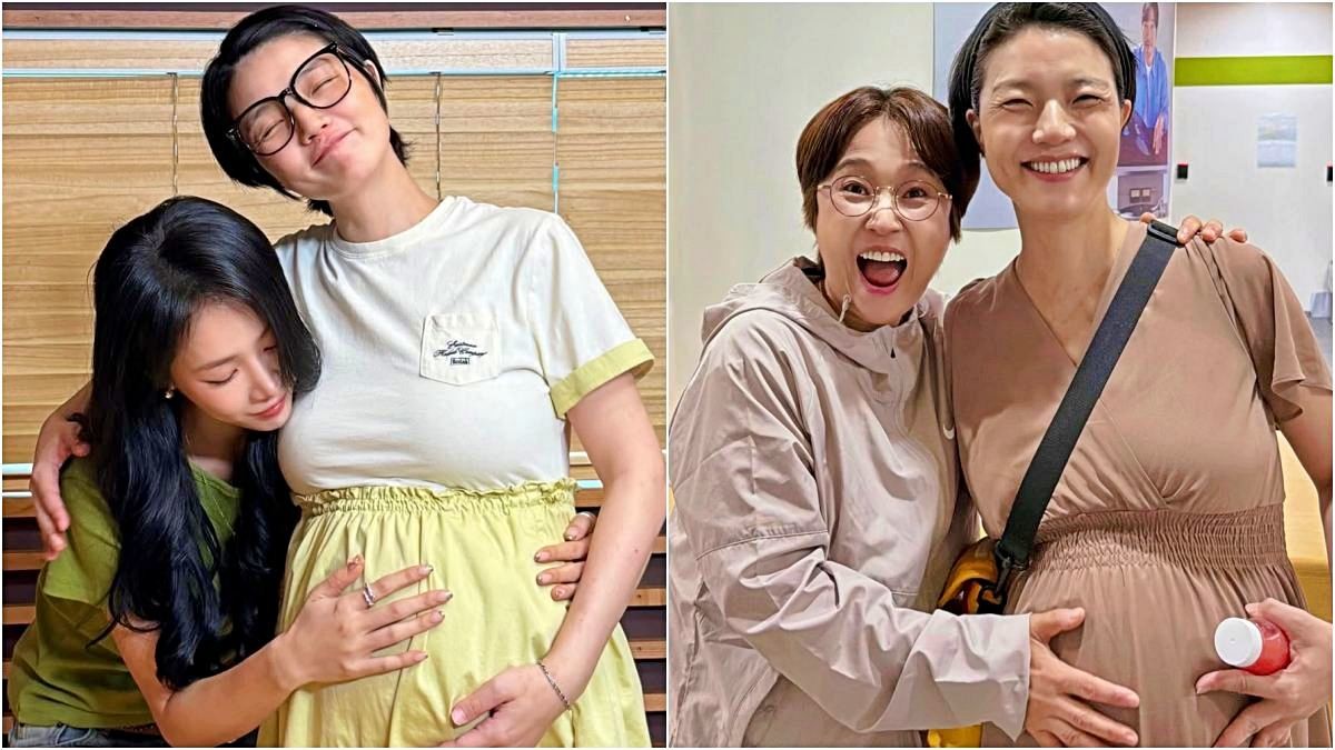 만삭의 안영미. 둘째를 임신한 안영미. 안영미는 첫째와 달리 둘째는 한국에서 출산할 계획이라는 입장을 밝혔다. (왼쪽)소유와 안영미. (오른쪽)송은이와 안영미. / 두시의 데이트 공식 인스타그램