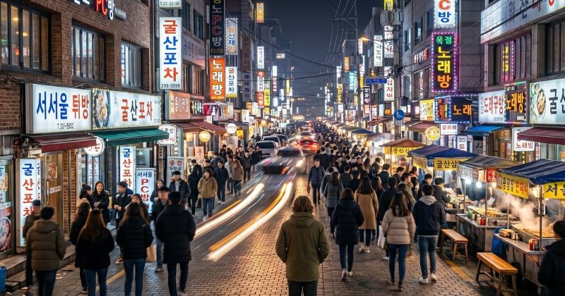 늦은 밤임에도 불구하고 수많은 사람들이 오가는 한국의 번화가 모습. / AI가 생성한 자료사진