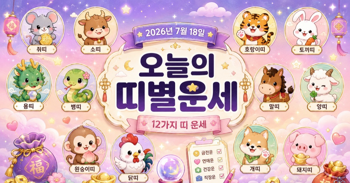 7월 18일 십이지지 운세 대공개, 쥐띠·개띠·돼지띠 '재운 상승'
