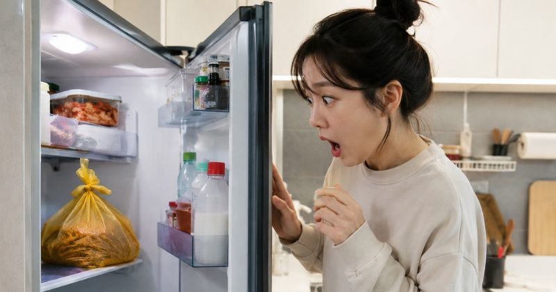 냉동실에서 아이스크림을 찾으려다 노란 음식물쓰레기 봉지를 발견하고 놀란 여성의 모습 / AI가 생성한 자료사진