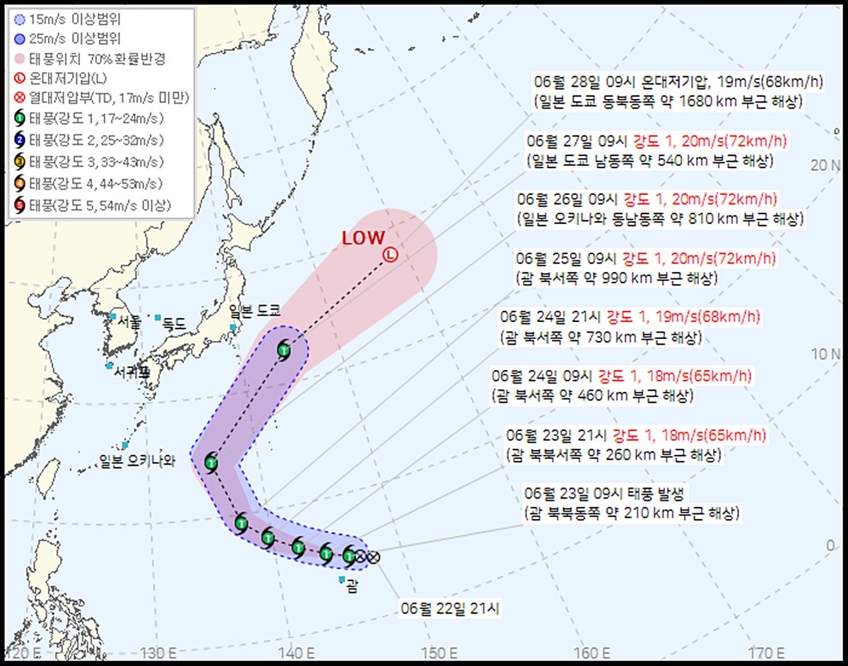 기상청이 23일 오전 10시 45분 발표한 8호 태풍 '히고스' 예상 이동경로. 기상청에 따르면 8호 태풍 '히고스'가 23일 오전 9시 괌 북동쪽 약 210㎞ 부근 해상에서 발생했다. '히고스'(HIGOS)는 미국에서 제출한 이름으로 무화과를 의미한다. / 기상청 제공