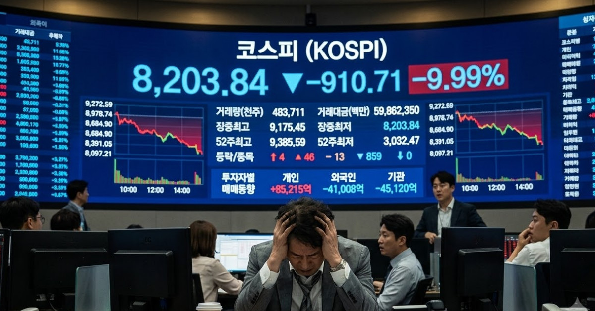 코스피 9.99% 급락 8203.84 마감…서킷브레이커·사이드카 동시 발동