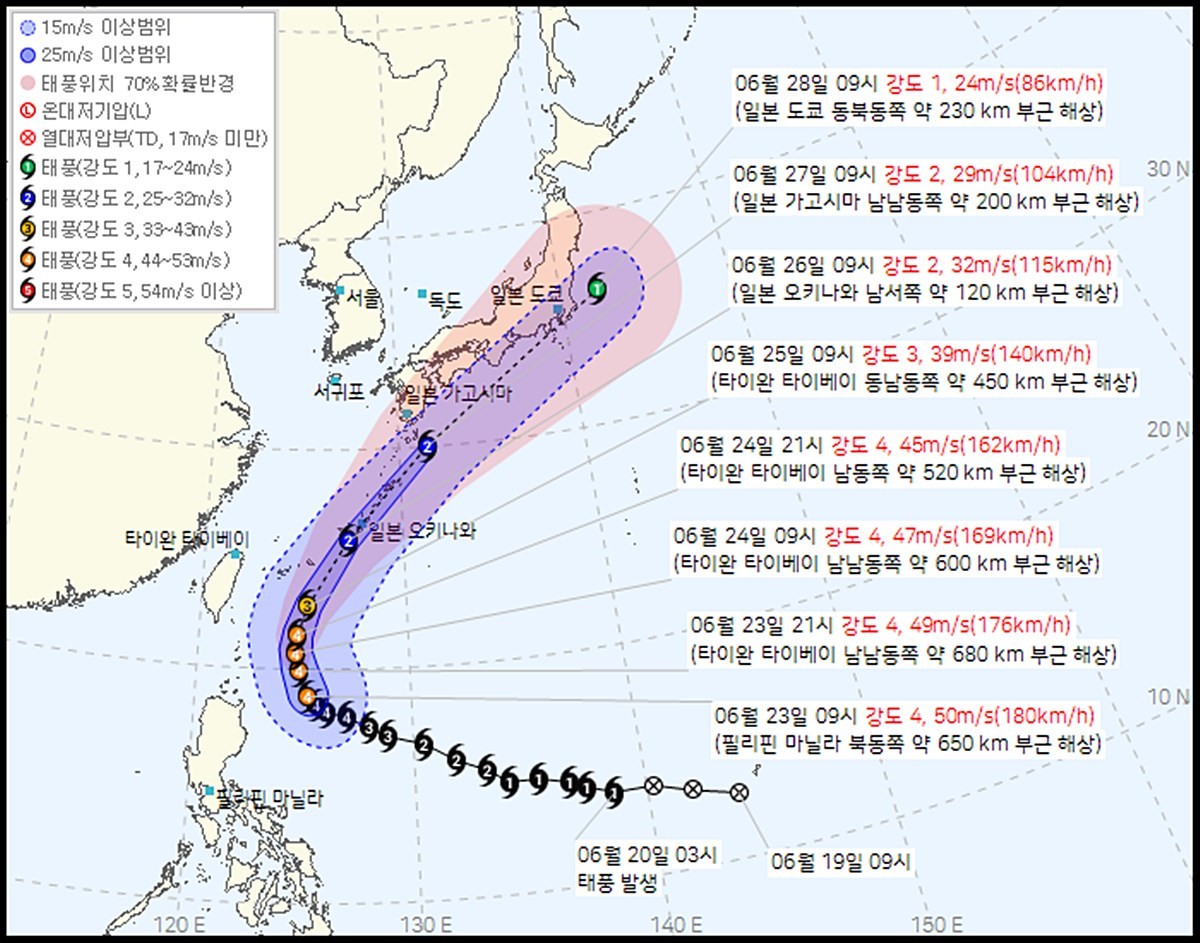 기상청이 23일 오전 10시에 발표한 7호 태풍 '메칼라' 예상 이동경로. 기상청에 따르면 지난 20일 오전 3시쯤에는 괌 서쪽 670km 부근 해상에서 7호 태풍 '메칼라'가 발생했다. '메칼라(MEKKHALA)는 태국에서 제출한 이름으로 천둥의 천사를 의미한다. / 기상청 제공