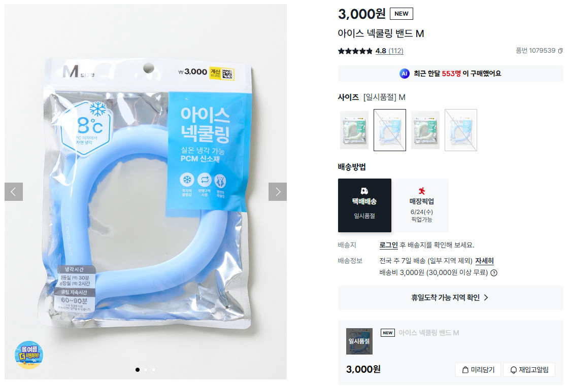 온라인에서 일시품절된 다이소 아이스 넥쿨링 밴드 / 다이소몰