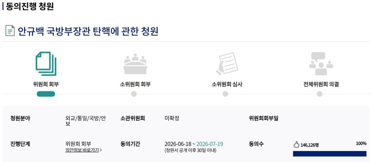안규백 국방부 장관 탄핵 청원 / 국회 국민동의 청원 홈페이지 캡처