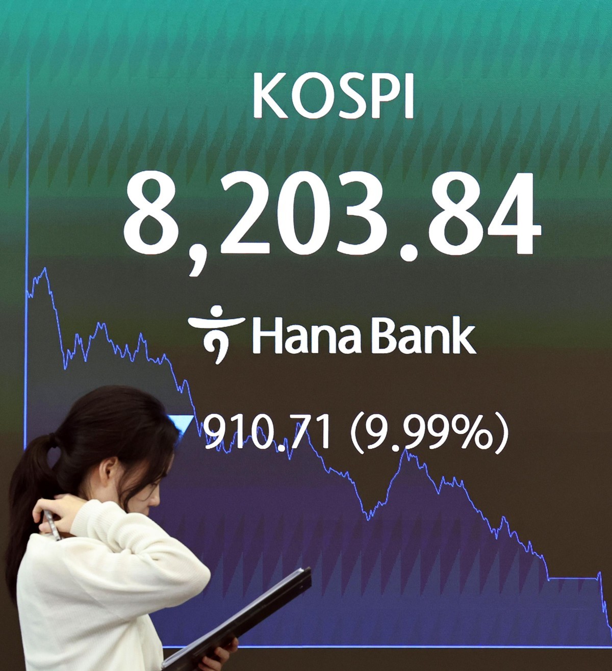 23일 서울 중구 하나은행 본점 딜링룸 전광판에 주식 시황이 나오고 있다. 이날 코스피는 전 거래일 대비 910.71포인트(9.99%) 내린 8203.84로 장을 마쳤다. / 뉴스1