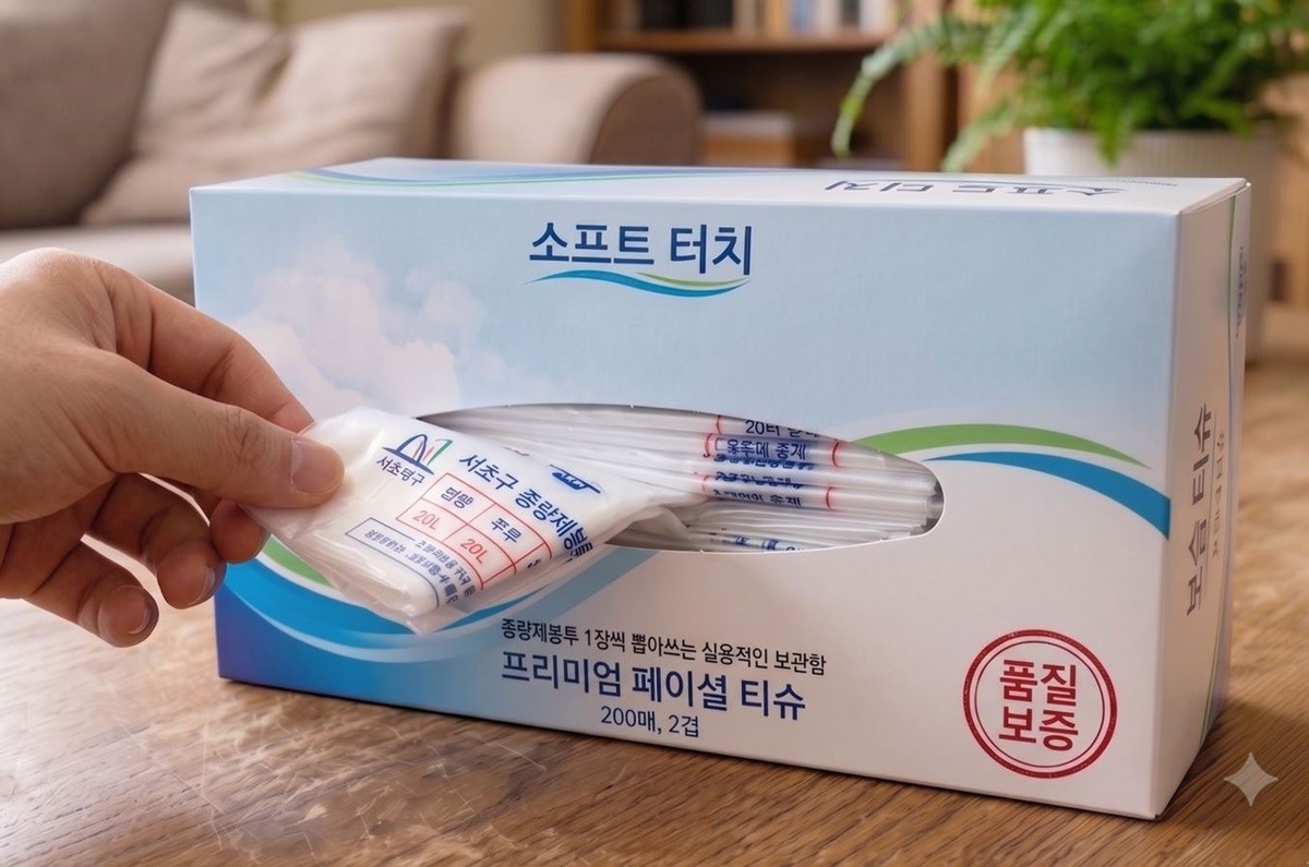 다 쓴 각티슈통에 종량제봉투를 넣어둔 모습. 기사 이해를 돕기 위해 AI를 활용해 제작한 자료 사진
