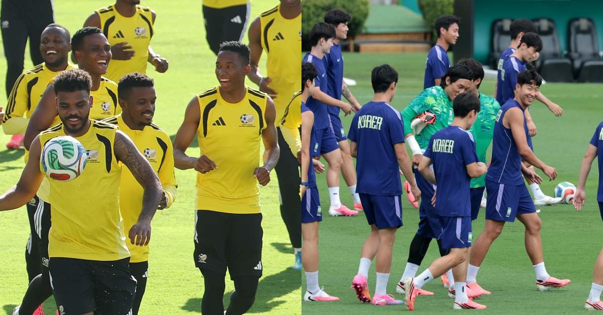 경기를 앞두고 훈련하는 남아공, 한국 축구 대표팀 선수들 / 뉴스1