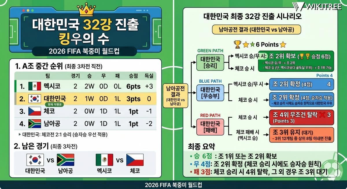 대한민국 2026 북중미 월드컵 32강 진출 '경우의 수(킹우의 수)'. 기사 내용 토대로 AI툴 활용해 제작한 자료사진.
