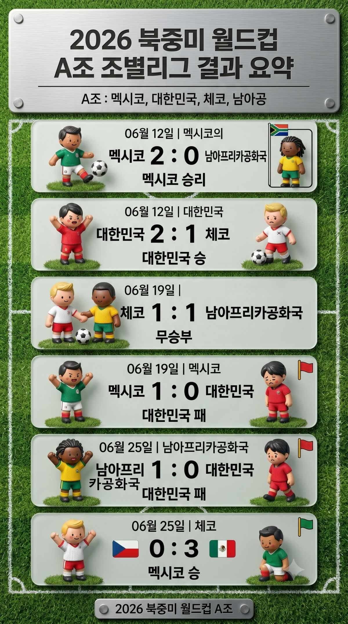 2026 월드컵 일정 A조 결과 정리. 기사 내용 토대로 AI툴 활용해 제작한 자료사진.