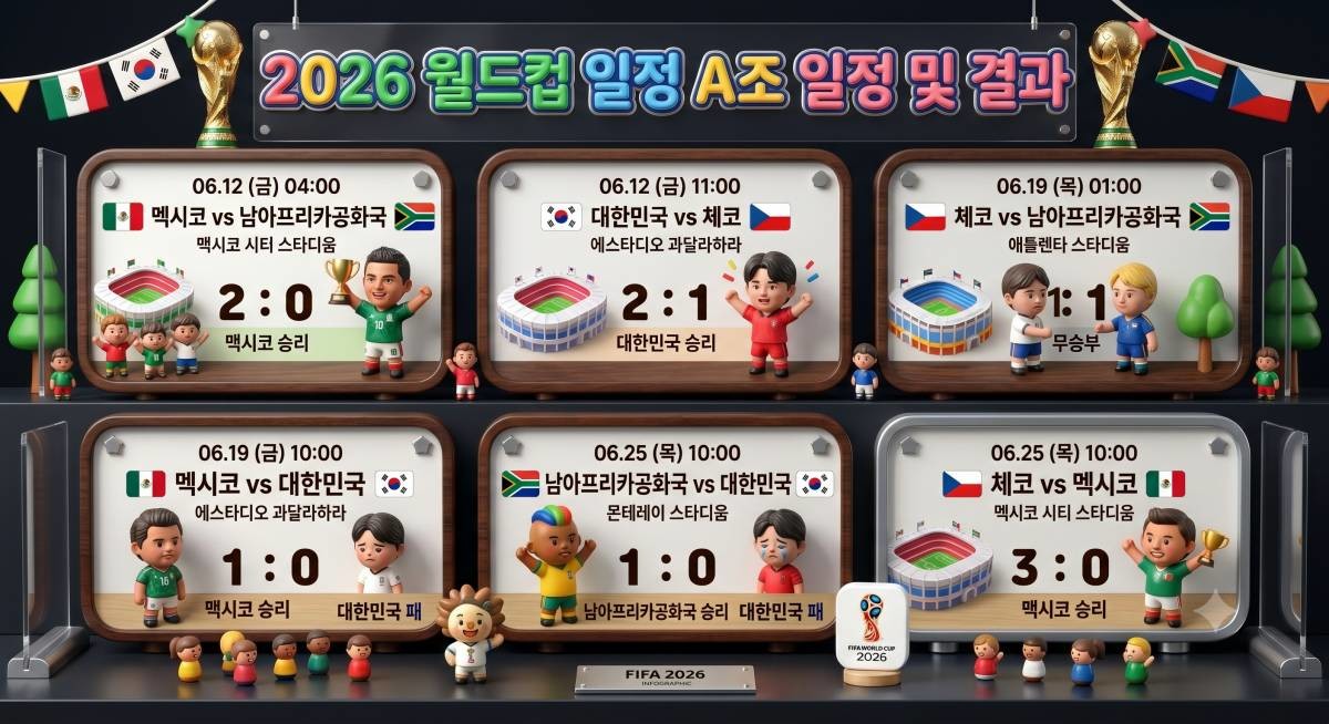 2026 월드컵 A조 일정 및 결과. 2026 FIFA 북중미 월드컵 대한민국 일정. 기사 내용 토대로 AI툴 활용해 제작한 자료사진.