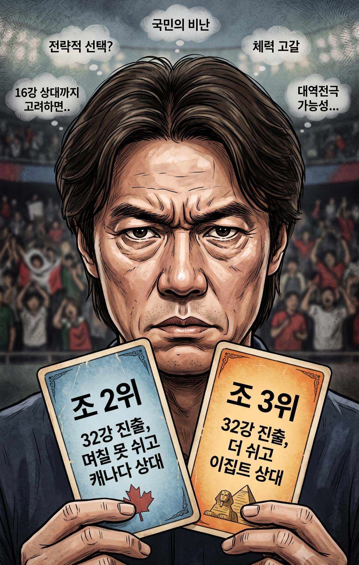 '홍명보, 고의 패배 의혹' 풍자 이미지. 기사 내용 토대로 AI툴 활용해 제작한 자료사진.
