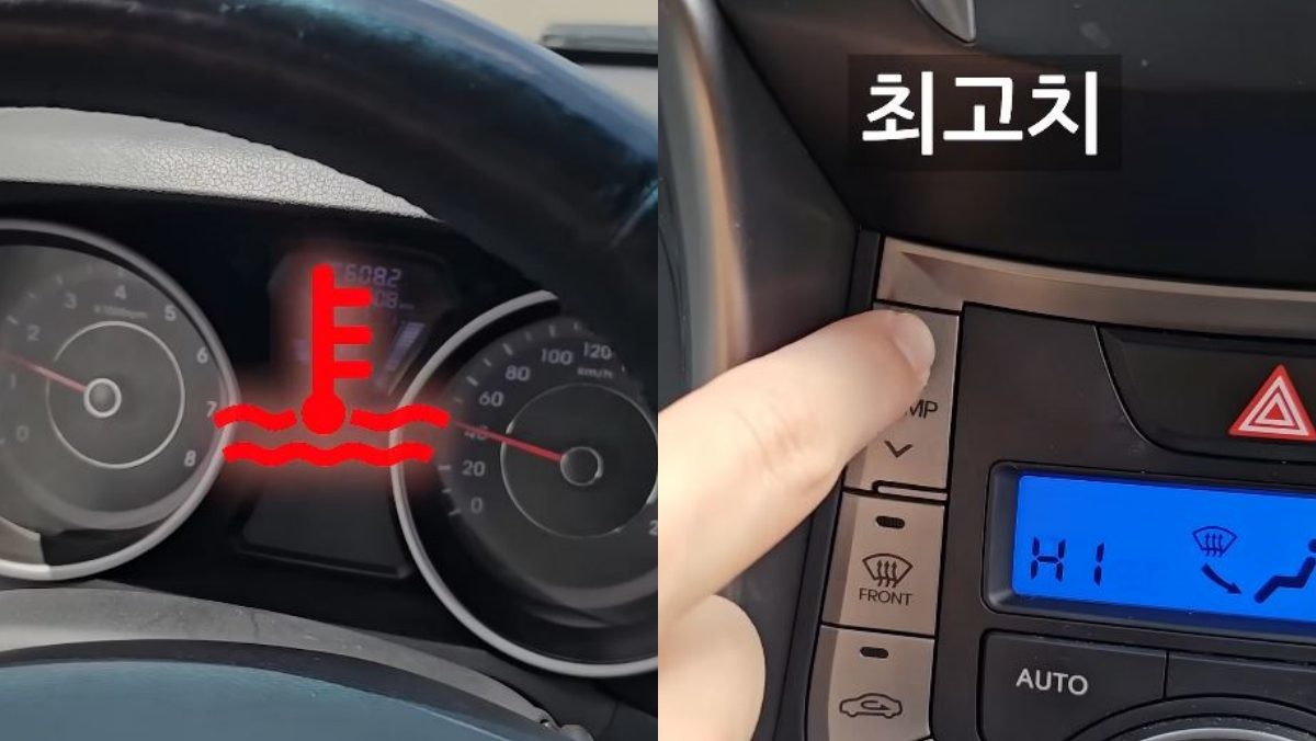 계기판에 온도계 표시가 뜬 모습(왼)과 히터를 최고치로 트는 모습(오). / 유튜브 '인생2회차'