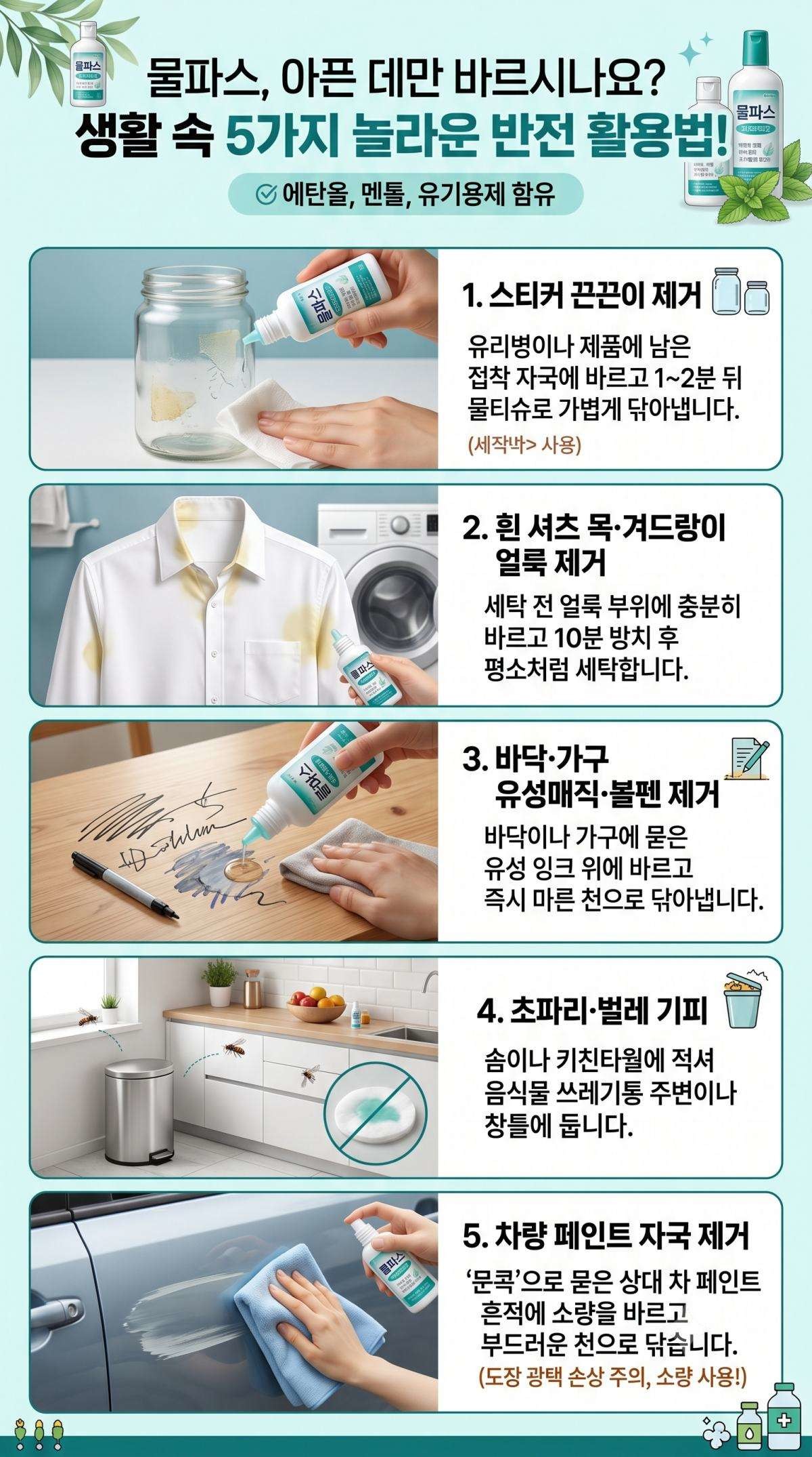 물파스 의외의 활용 꿀팁 5가지. 기사 내용 토대로 AI툴 활용해 제작한 자료사진.