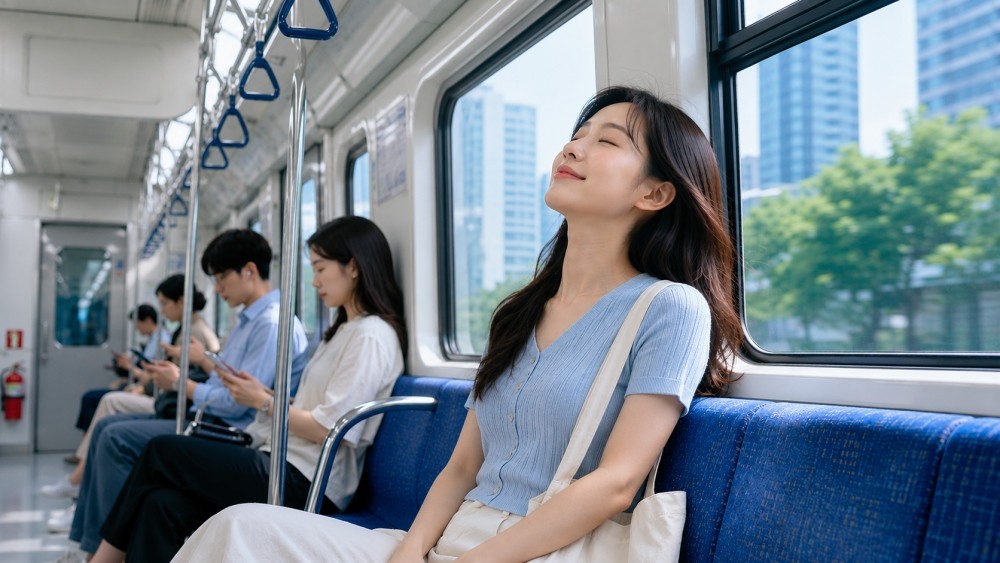 AI로 생성된 자료사진. 지하철에서 가장 시원한 곳은 객실 양쪽 끝 교통약자 배려석 주변이며, 가장 온도가 높은 곳은 객실 중앙부로 알려졌다. 서울교통공사 공식 앱 '또타 지하철'에서는 열차 내 혼잡도 정보를 확인할 수 있다.