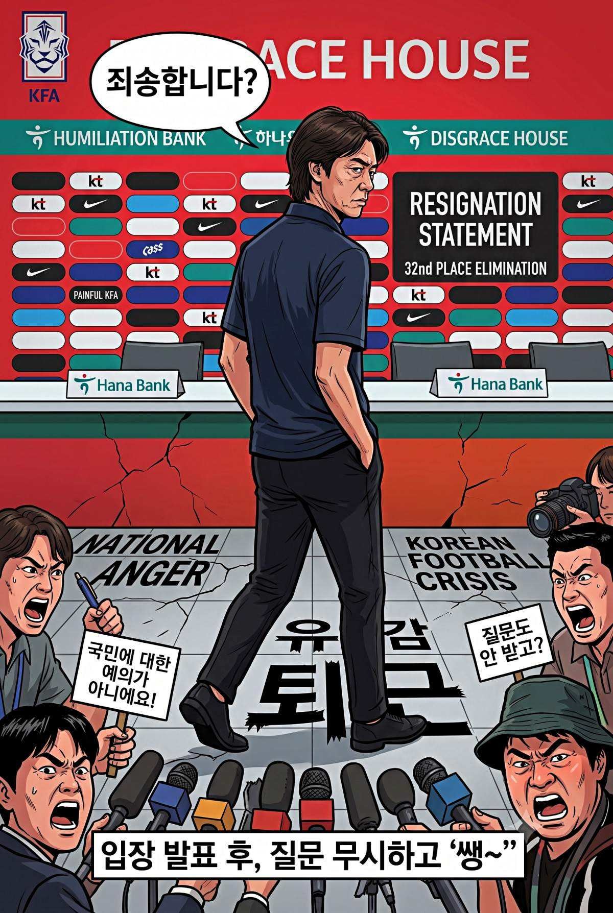 사퇴 입장 밝힌 이후에도 전 국민 비난·비판 한 몸에 받고 있는 홍명보 대한민국 축구대표팀 감독. 기사 내용 토대로 AI툴 활용해 제작한 자료사진.