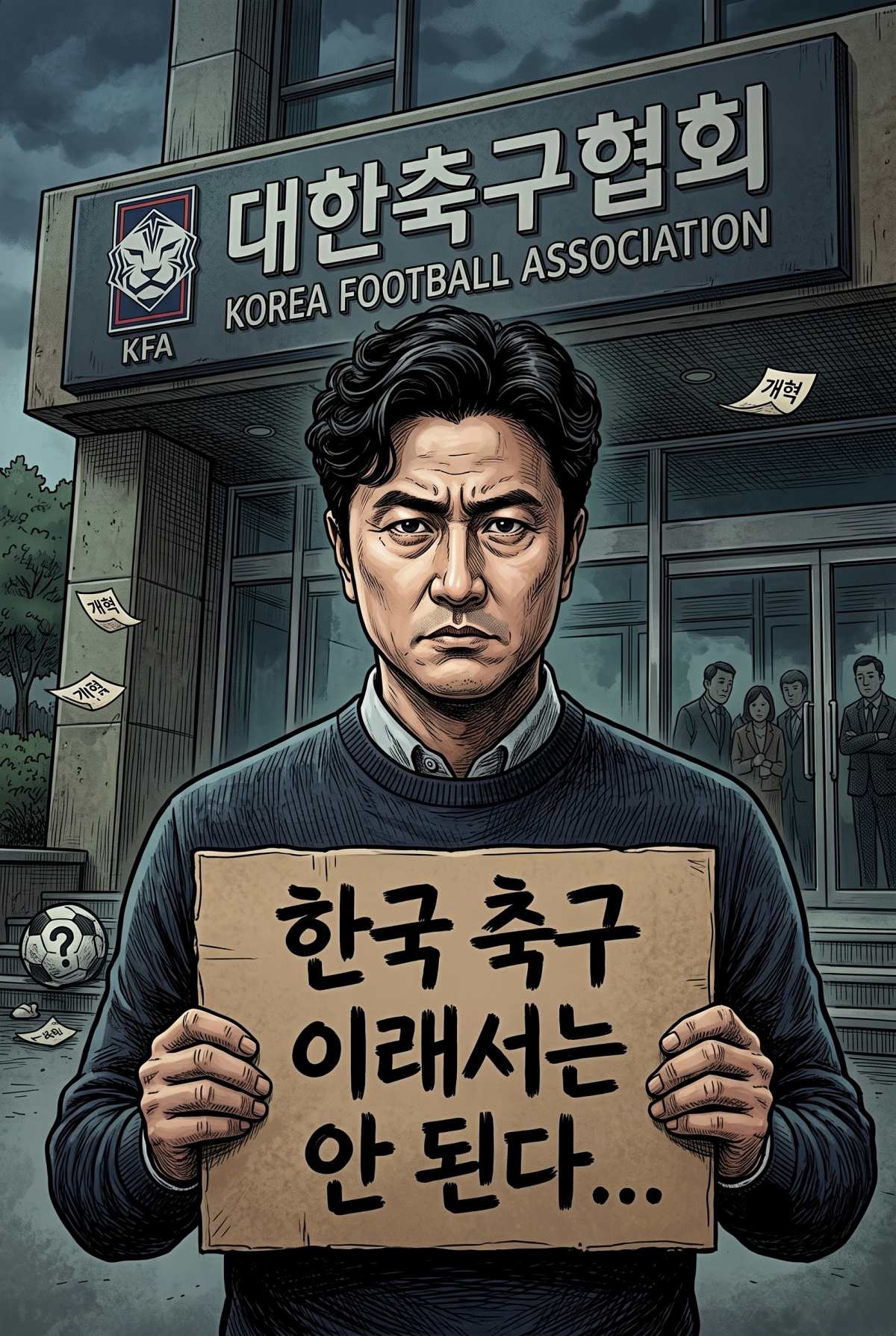 한국 축구 개혁에 실패해서 이런 일이 반복되면 '1인 시위' 하겠다고 밝힌 안정환. 기사 내용 토대로 AI툴 활용해 제작한 자료사진.