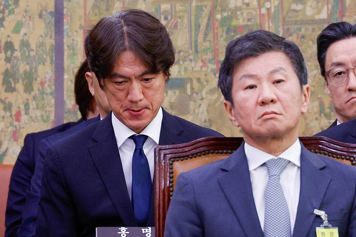 홍명보 남자 축구대표팀 감독(왼쪽)과 정몽규 대한축구협회장이 2024년 9월 24일 오전 서울 여의도 국회 문화체육관광위원회에서 열린 대한축구협회 등에 대한 현안질의에 출석하고 있다 / 뉴스1