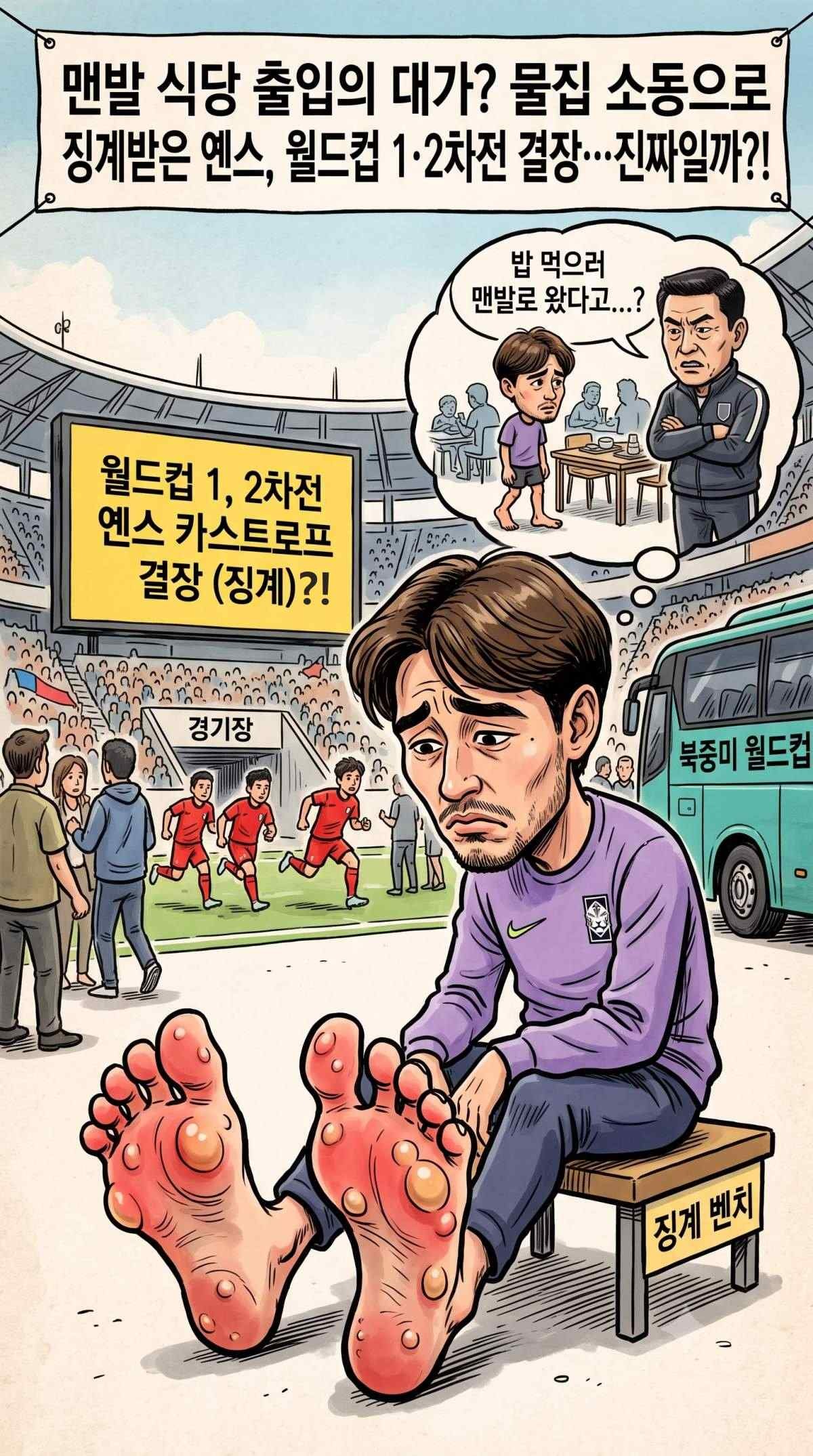 이번 북중미 월드컵 조별리그 1·2차전 옌스 카스트로프의 결장 이유는 '선수단 내부 규율 위반에 따른 징계'라고 알려져 적지 않은 충격을 주고 있다. 이런 가운데 옌스가 맨발로 밥을 먹으러 식당에 나타나 코지진에게 주의를 받았다는 이야기가 빠르게 퍼지고 있다. 기사 내용 토대로 AI툴 활용해 제작한 자료사진.