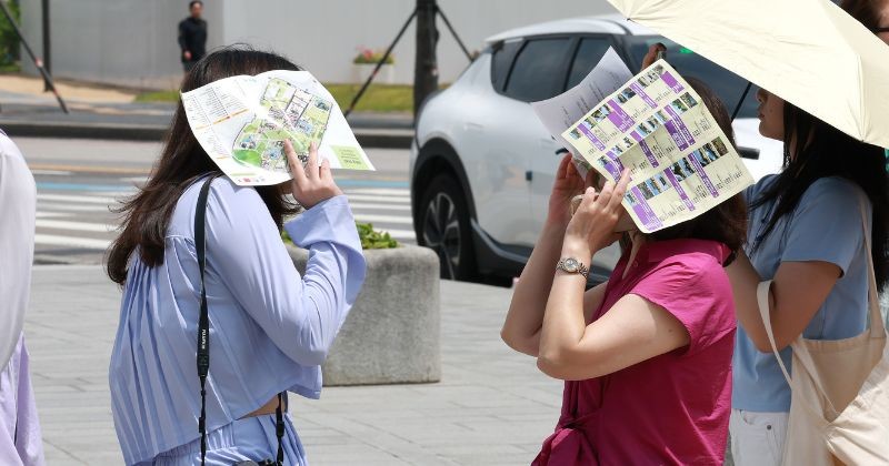 외국인 관광객이 뜨거운 햇살을 가리고 있다 / 뉴스 1