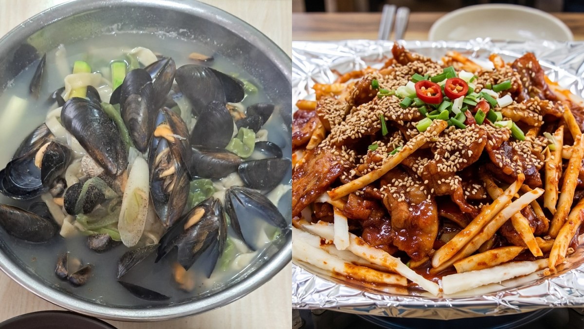 손칼국수(업체 등록 사진), 더덕제육(ai 생성 이미지)