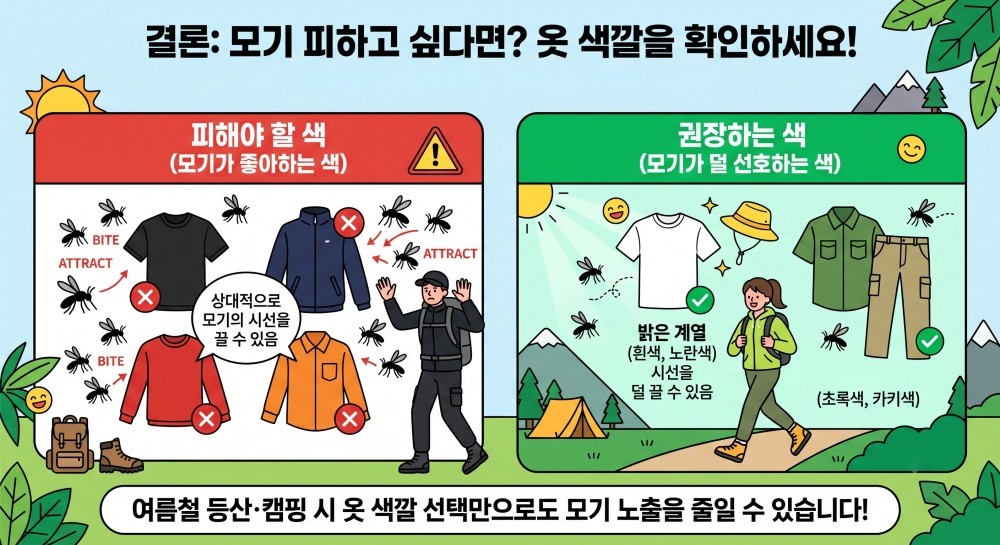 [인포그래픽] 모기가 선호하는 색깔과 기피하는 색깔 자료 이미지. 기사 본문을 바탕으로 AI로 생성됐습니다.