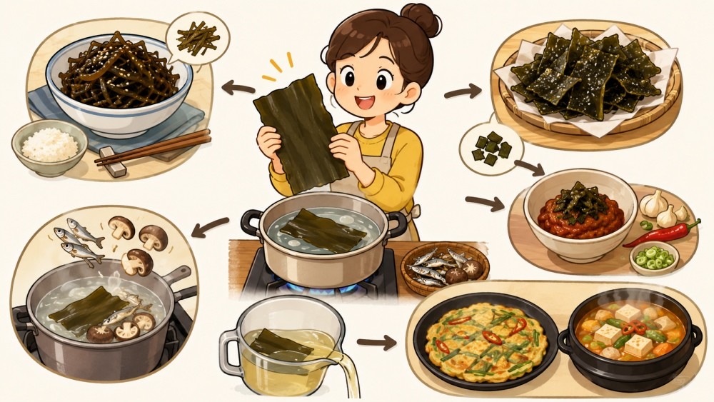 기사를 바탕으로 AI가 생성한 만화 이미지. 다시마는 국물 육수 외에도 밑반찬, 튀각, 양념, 찌개 베이스 등 다양한 방식으로 활용할 수 있다.