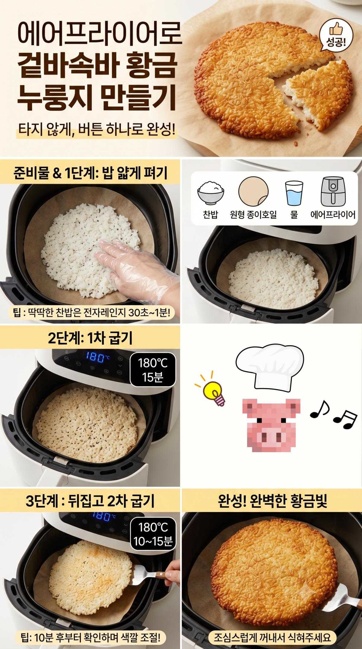 밥솥 남은 밥, 에어프라이어 활용해 누릉지 만들기 초간단 방법. 기사 내용 토대로 AI툴 활용해 제작한 자료사진.