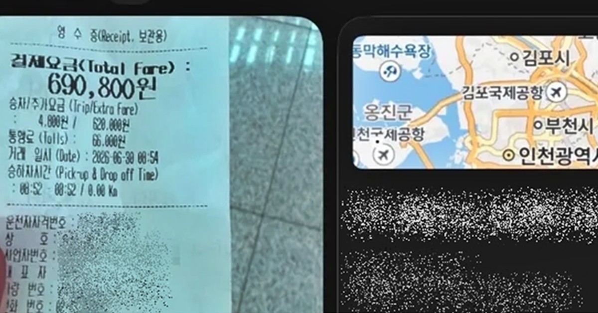 중국인 A 씨가 올린 영수증 및 운행 경로 / SNS, 뉴스1