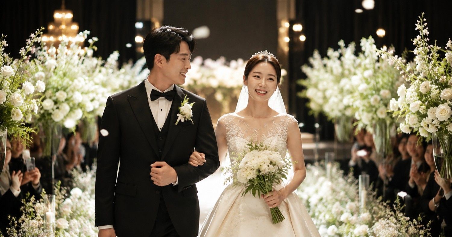 결혼식장에서 버진로드를 걸으며 예식을 진행하는 신랑·신부의 모습 / AI가 생성한 자료사진
