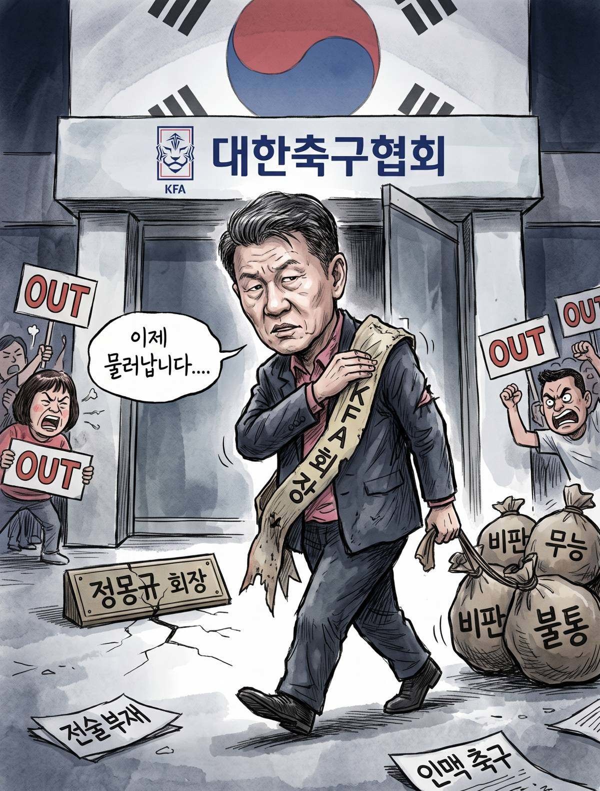 대한축구협회장 사퇴 예고해 둔 상태인 정몽규 회장. 기사 내용 토대로 AI툴 활용해 제작한 자료사진.