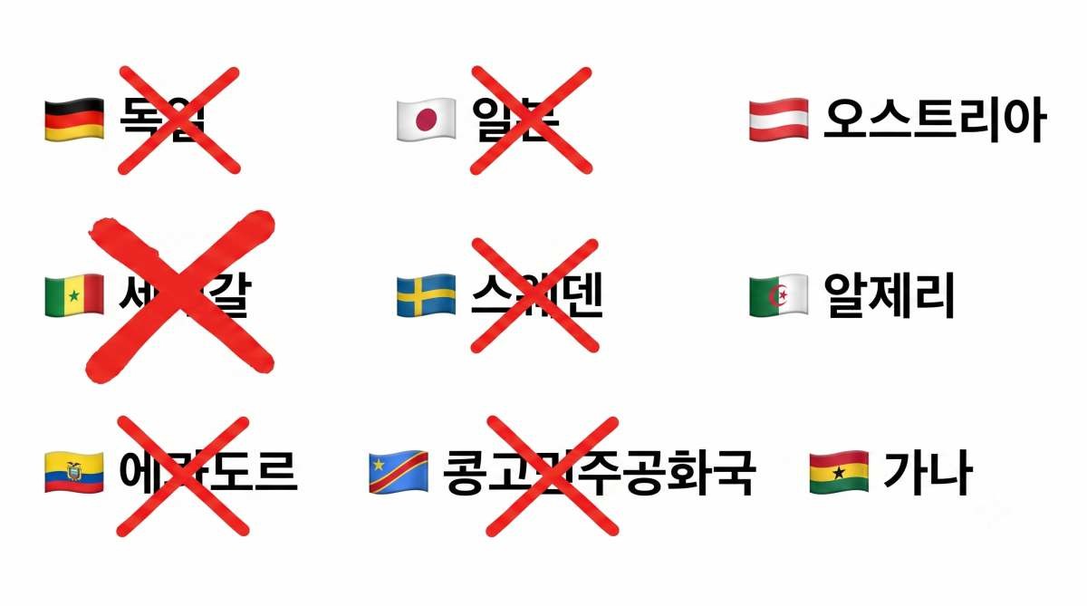 한국 32강 진출에 도움 주지 못한 나라들의 월드컵 16강 진출 근황. '역빙고판' 화제. 기사 내용 토대로 AI툴 활용해 제작한 자료사진.