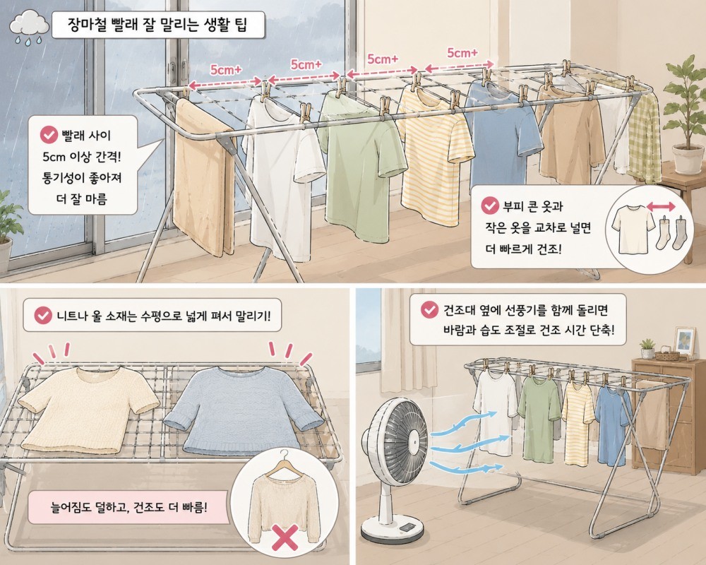 AI로 생성된 자료사진. 빨래 간격을 5cm 이상 벌리고 부피가 큰 옷과 작은 옷을 교차로 거는 것이 권장된다. 실내 건조 시 건조대 주변에 선풍기를 함께 돌리는 노하우도 있다.