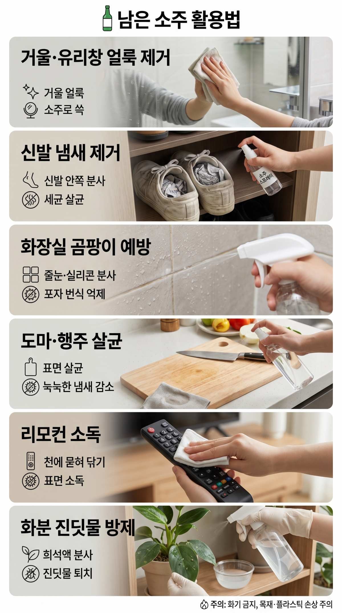 집안 곳곳에 활용 가능한 '소주' 꿀팁 소개. 기사 내용 토대로 AI툴 활용해 제작한 자료사진.
