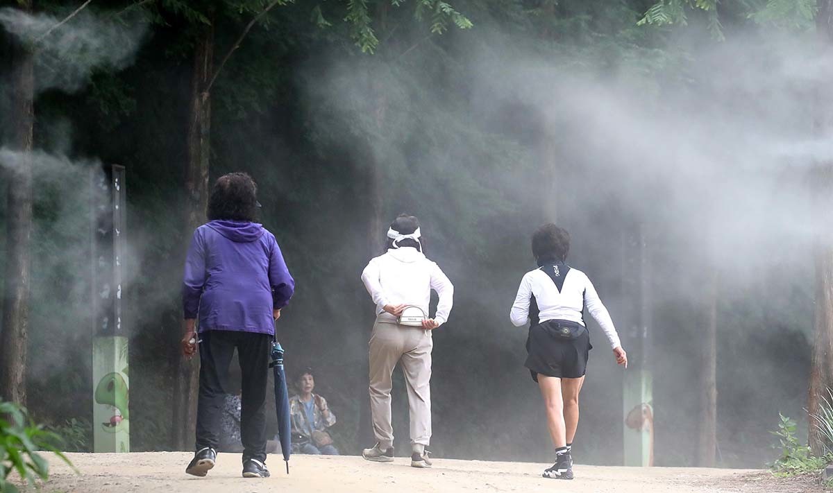 장마가 소강상태로 접어들고 다시 무더위가 찾아온 2일 오후 대구 남구 앞산 고산골에서 시민들이 쿨링포그(안개형 냉각수) 장치가 가동된 등산로를 걷고 있다. / 뉴스1