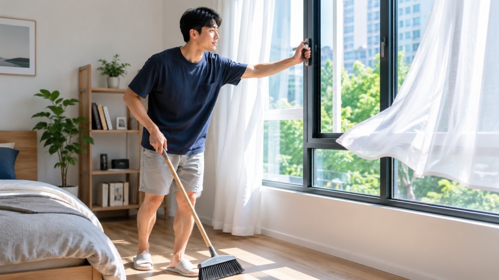 AI로 생성된 자료사진. 실내에 쌓인 먼지를 방치하면 진드기와 곰팡이 포자가 늘어나기 좋은 조건이 만들어지는 만큼, 바닥을 비롯한 집 청소를 자주 해주는 것 자체가 여름철 알레르기 예방의 기본이 될 수 있다.